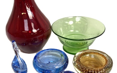 Assorted coloured glassware, including a large vintage ruby glass water jug, and blue decorative