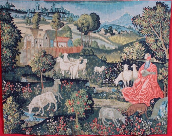 Aubusson Tapestry, "Concert champêtre" from a 15th century tapestry, Laie imprimée, Robert FOUR workshop. 180 x 145 cm