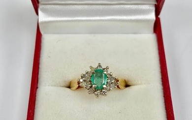 B & G Marked - One of a Kind Ladies Size 7 14k Gold, Emerald and Diamond Ring