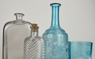 BOTTLES, 2 pcs and a DECANTER with GLASS. Including Mary Gregory style, 18th/20th century.