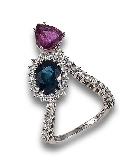 BYPASS RING OF SAPPHIRE AND RUBY, WITH DIAMONDS, IN WHITE GOLD
