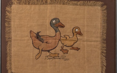 Benjamin RABIER (1869-1939). Les deux canards. Impression au pochoir sur tissu. Signé en bas à droite. 59 x 44 cm. Petites usures.