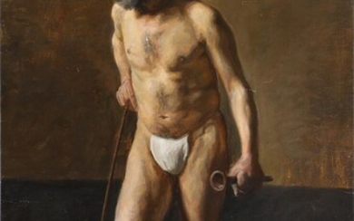 NOT SOLD. Bodil Larsen Rohweder: Male nude model in full figur with a loincloth. Signed Bodil Rohweder. Oil on canvas. 94 x 59 cm. Unframed. – Bruun Rasmussen Auctioneers of Fine Art