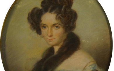 British School, early-mid 19the century- Portrait of a lady, quarter-length turned to the left wearing a white and blue dress and fur stole; pastel on paper laid down on canvas, oval, 49.2 x 35 cm Provenance: The estate of the late designer...