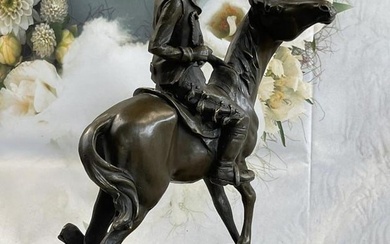Bronze Western Sculpture Cowboy on Horseback Statue Figure 14" x 11"