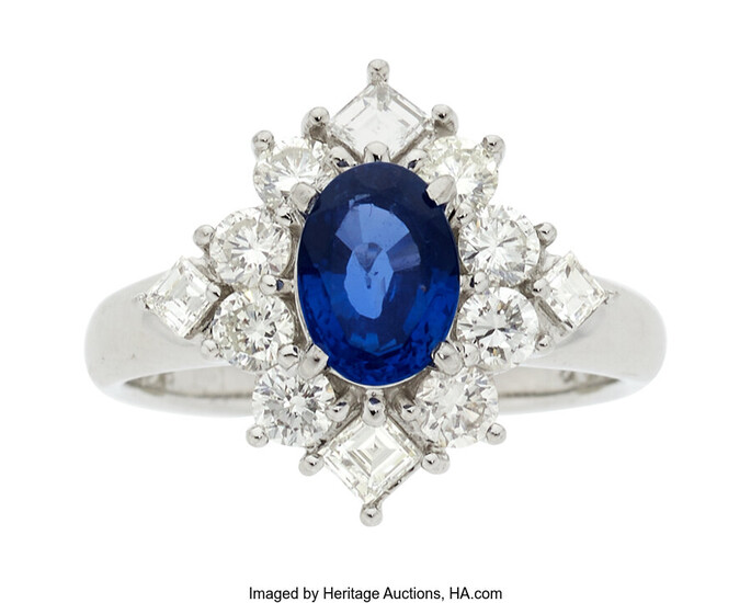 Burma Sapphire, Diamond, Platinum Ring Stones: Oval-shaped Burma sapphire...