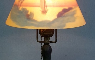 C 1920's Reverse Paint signed Handel Boudoir Lamp - has chipped ice style shade with Hubbel socket