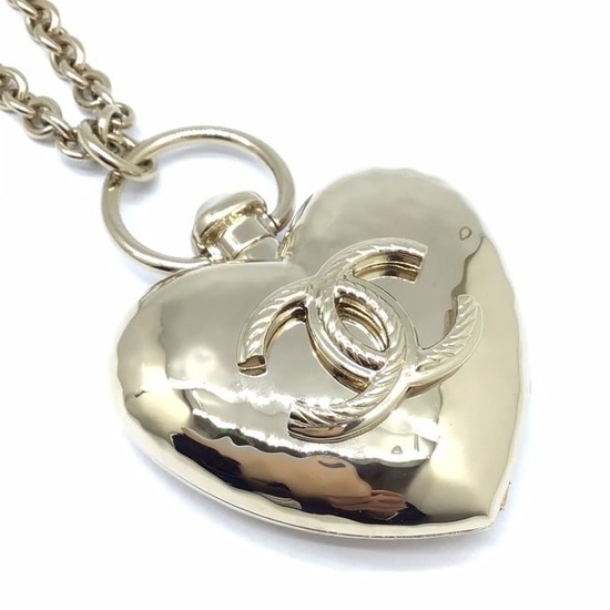 CHANEL Heart Necklace Locket B22 Champagne Gold GP Plated Long Coco Mark CC Accessories Women Men