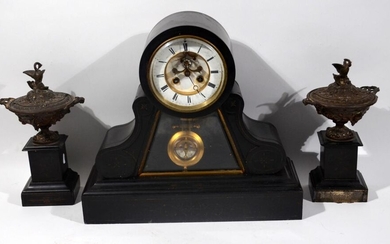 CHIMNEY GARNITURE in black marble including a terminal clock and...
