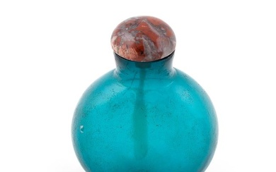 CHINESE CLEAR TURQUOISE BLUE GLASS SNUFF BOTTLE Early 20th Century Height 1.75". Agate stopper.