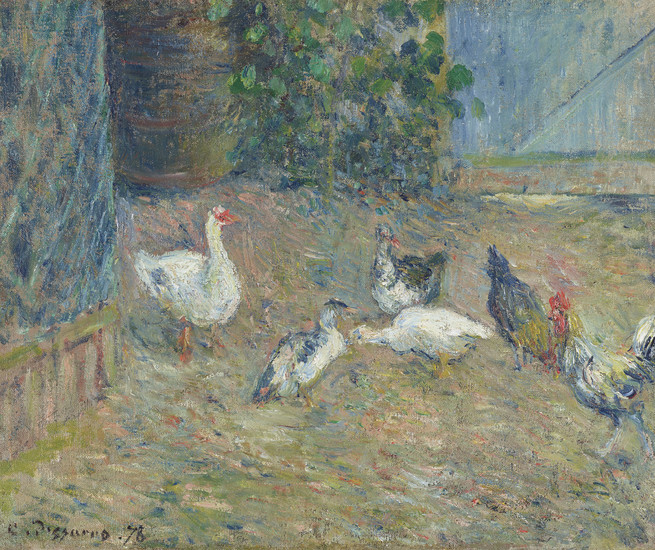 Camille Pissarro (1830-1903), Poulailler à la maison rouge, Pontoise (recto); Laveuses au bord de l'eau, Pontoise (verso)