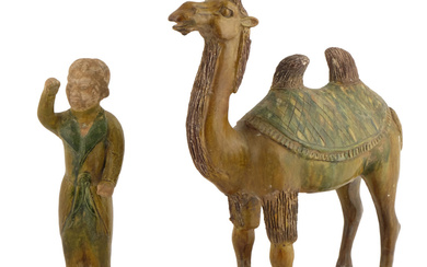 Cammello e figura maschile in terracotta e grès in parte policromo, Cina, dinastia Tang