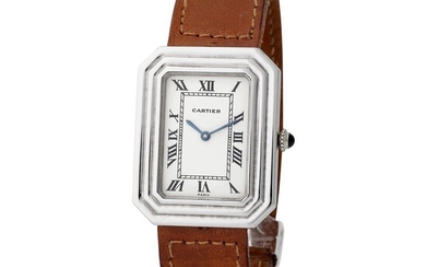 Cartier Paris. Very Attractive Cristallor Rectangular-Shape Wristwatch in White Gold, With Enameled Roman Numbers Dial