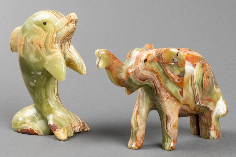 Carved Onyx Dolphin & Elephant Sculptures, 2
