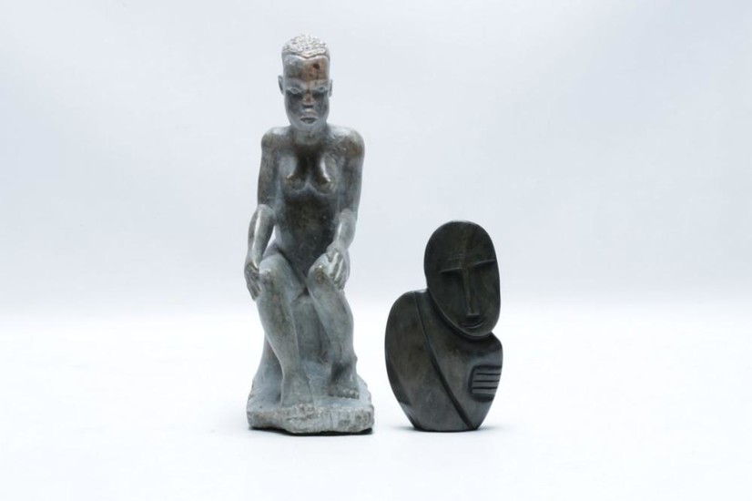 Carved Soapstone African Man H: 26cm Together With A Soapstone Figural Group L:14cm