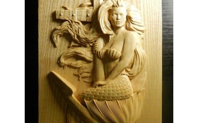Carved Wood Mermaid On Anchor Plaque