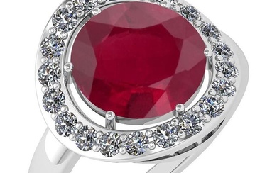Certified 4.08 Ctw Ruby And Diamond Halo Ring 14K White Gold