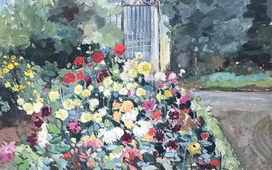 Chateau Park Flower Gardens & Gates Mid 20th Century French Impressionist Oil
