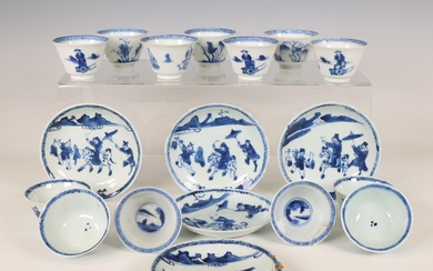 China, collection of blue and white porcelain cups and saucers, mainly 18th century