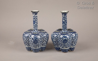 Chine, XXème siècle Paire de bouquetières en porcelaine bleu blanc, à décor de lotus et...