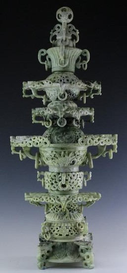 Chinese Green Celadon Jade 35" Pagoda Sculpture
