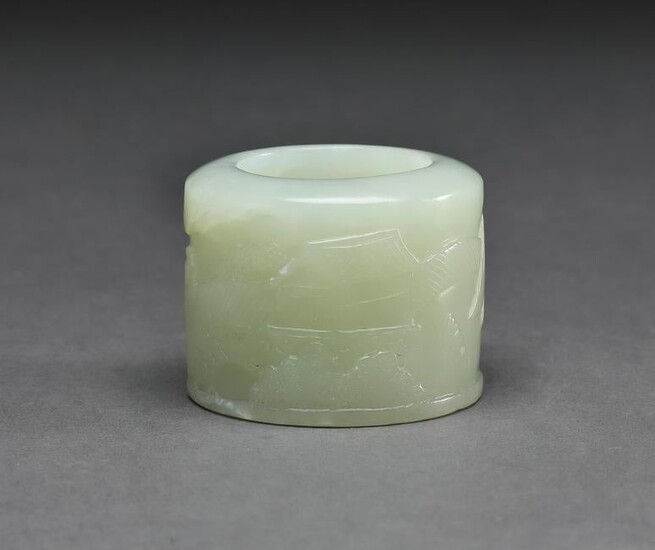 Chinese celadon jade archer's ring w/ landscape