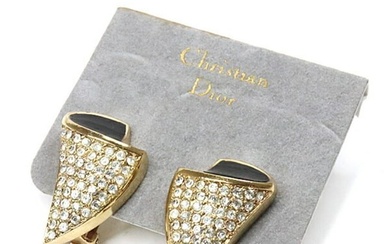 Christian Dior crystal earrings metal/enamel gold/black/clear clip type rubber pad deterioration