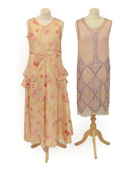 Circa 1920sPale Pink Crepe Sleeveless Flapper Dress, with scooped neckline,...