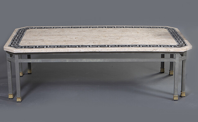 Coffee table with wrought iron base and cream marble top with grey and black schematic border. Measurements: 45x86,5x157 cm. Output: 550uros. (91.512 Ptas.)