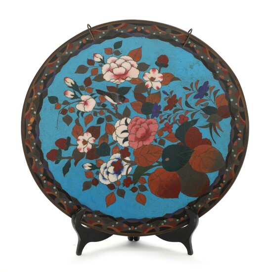 NOT SOLD. A C. 1900 Japanese cloisonné enamel dish, decorated in colours with flowers and...