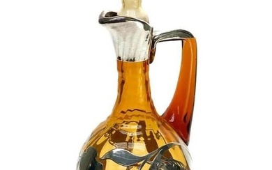 Continental Silver Overlay Amber Glass Decanter. Leaf and Floral Designs