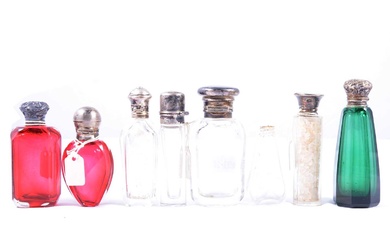 Cranberry glass and silver heart shaped scent bottle, and others