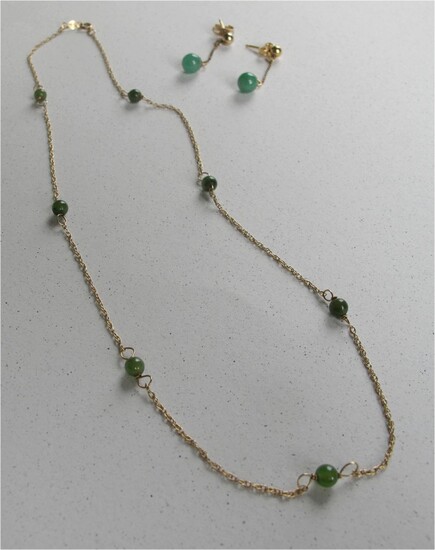 Dainty vintage Jade bead 14k yellow gold necklace and dangle earrings GC3A