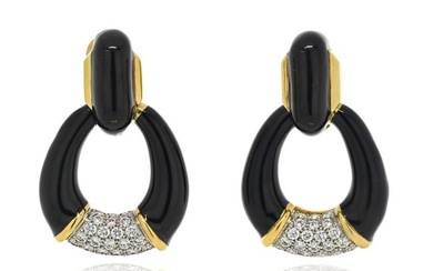 David Webb Platinum & 18K Yellow Gold Black Enamel Diamonds Door Knocker Earrings