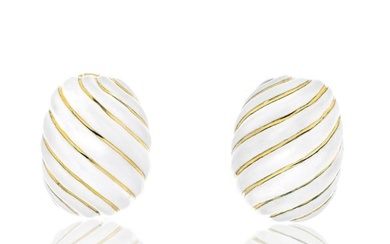 David Webb Platinum & 18K Yellow Gold White Enamel Wave Clip Earrings