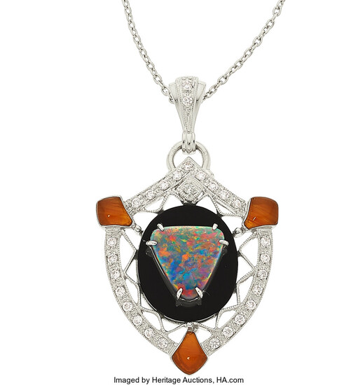 Diamond, Multi-Stone, White Gold Pendant-Necklace The pendant features a...