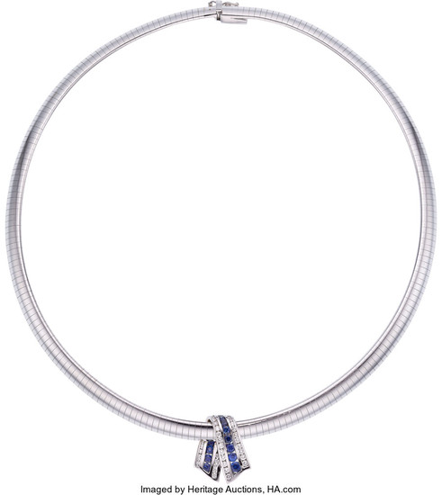 Diamond, Sapphire, White Gold Slide-Necklace The slide-pendant features...