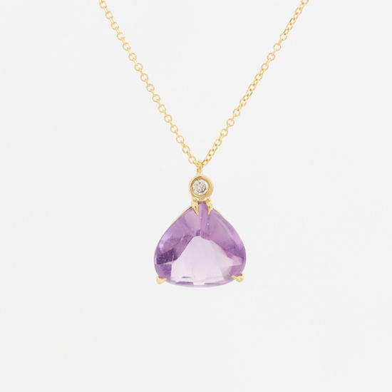 Drop shaped mixed cut amethyst and diamond pendant, with chain