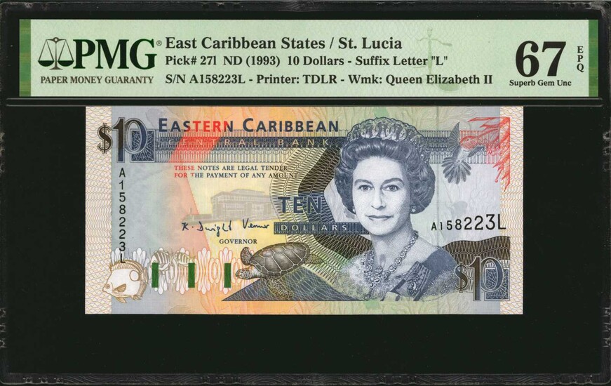 EAST CARIBBEAN STATES. Eastern Caribbean Central Bank. 10 Dollars, ND (1993). P-27l. PMG Superb Gem Uncirculated 67 EPQ.