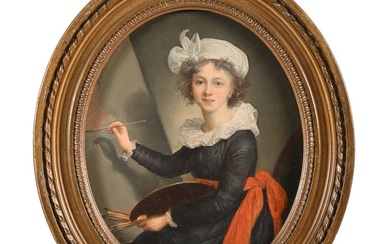 ÉCOLE FRANCAISE XIXè. «Madame Vigée le Brun au chevalet». Huile sur carton. Copie ancienne du...