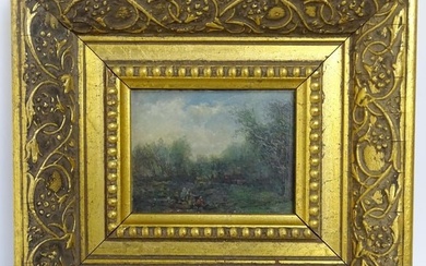 Early 20th century, Continental School, Oil on board, A miniature wooded landscape with figures.