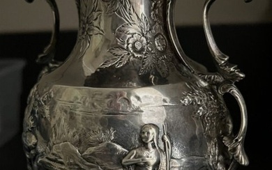 Early American Coin Silver Vase Pitcher Pocahontas Captain John Smith