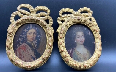 Ecole française, XVIIIe siècle : Portraits d'un couple Paire d'huiles sur cuivre, dans un petit...