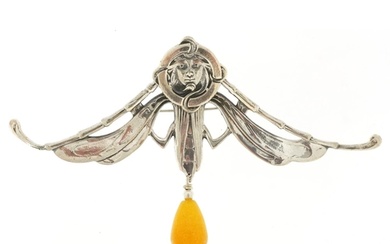 Egyptian Revival sterling silver brooch with amber coloured ...