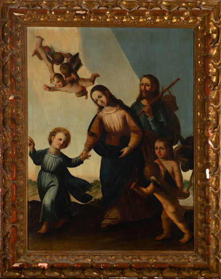 Exceptional Holy Family on the Flight into Egypt, colonial school, Cuzco, 17th - 18th century