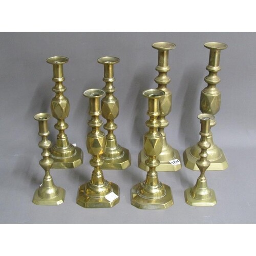 FOUR PAIRS OF 19C BRASS CANDLESTICKS - LARGEST 38CM H