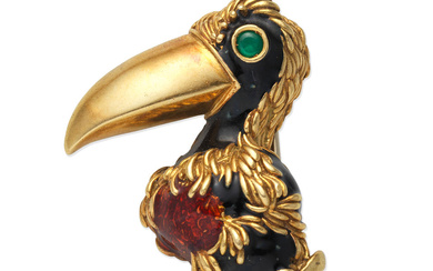 FRASCAROLO: ENAMEL AND GOLD BIRD BROOCH
