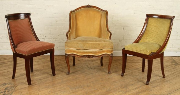 FRENCH WALNUT BERGERE CHAIR AND TWO SIDE CHAIRS
