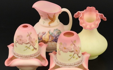 Fenton Pink Dogwood Hand-Painted Burmese Glass Fairy Lamp Pair with More