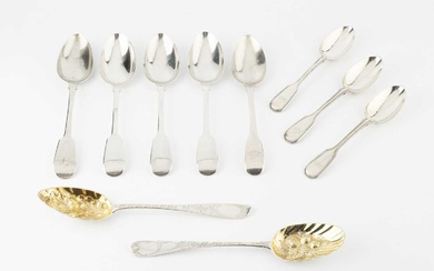 Five 19th century silver fiddle pattern tablespoons, including three by...